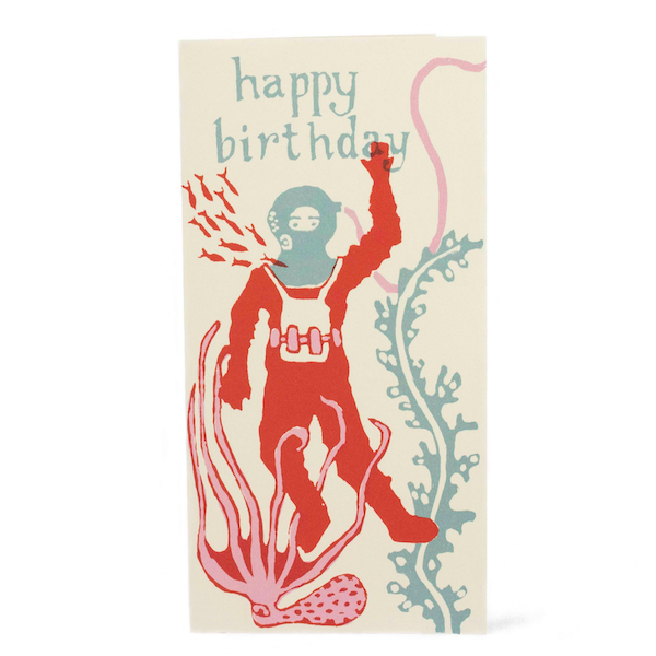 Birthday card with an underwater scene featuring a diver and coral, with 'happy birthday' text.