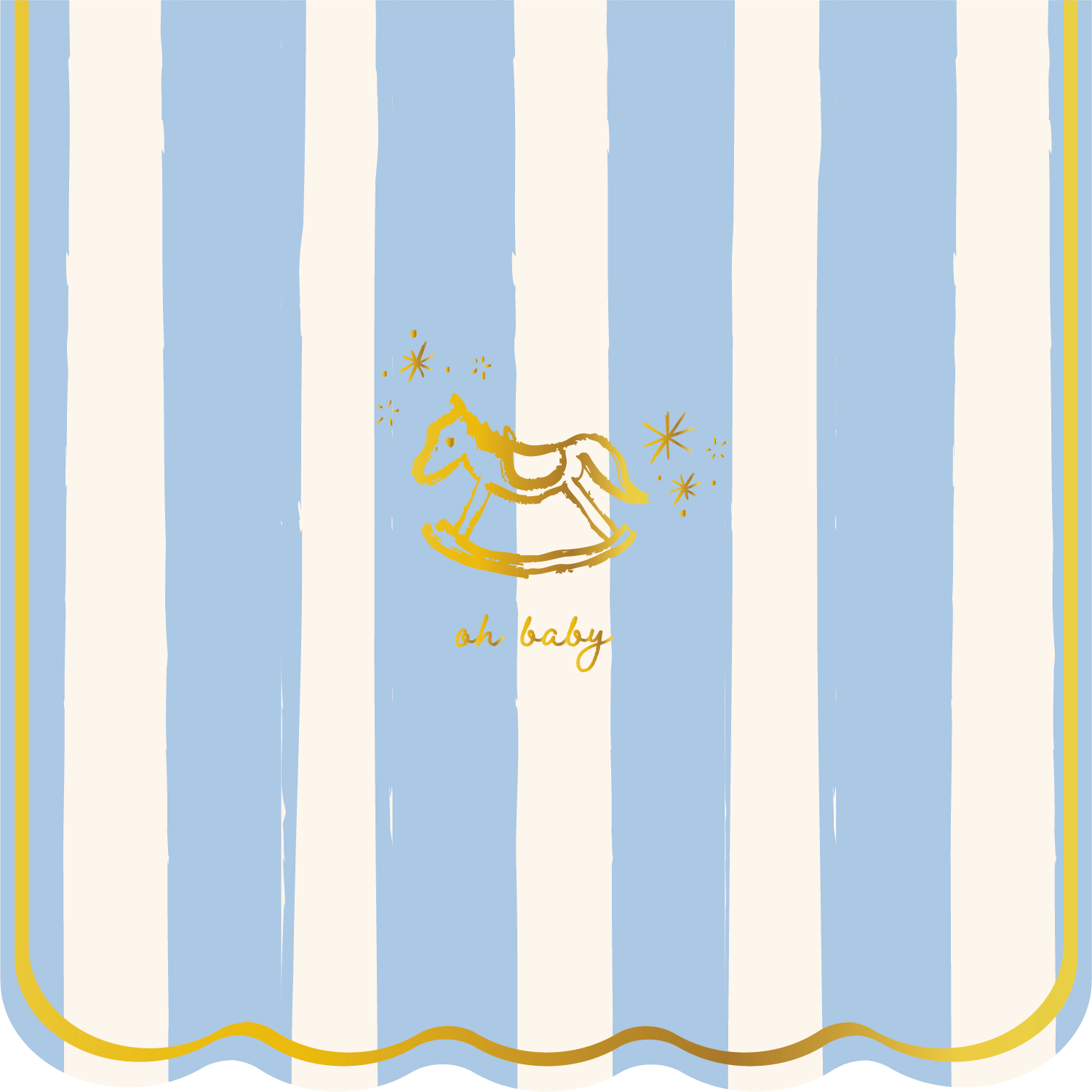 Striped blue and white background with a gold rocking horse and 'oh baby' text.