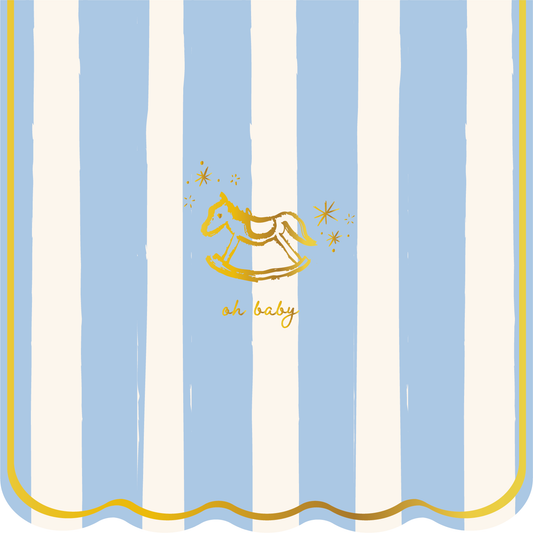 Striped blue and white background with a gold rocking horse and 'oh baby' text.