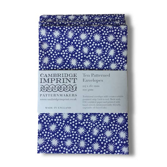 Pack of Cambridge Imprint patterned envelopes with blue and white design on a white background