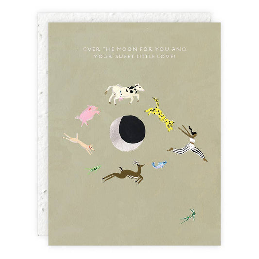 Text on a card saying "Over The Moon For You and Your Sweet Little Love!" on a green background with animals going in a circle over the moon 