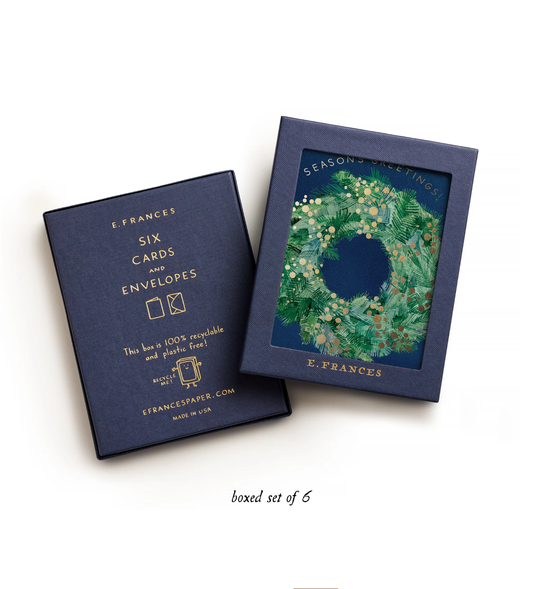 Set of six cards and envelopes with a wreath design, branded 'E. Frances'.