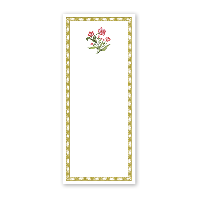 Rectangular notepad with floral design and decorative border on a white background