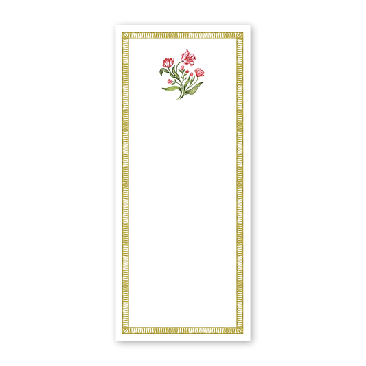 Rectangular notepad with floral design and decorative border on a white background