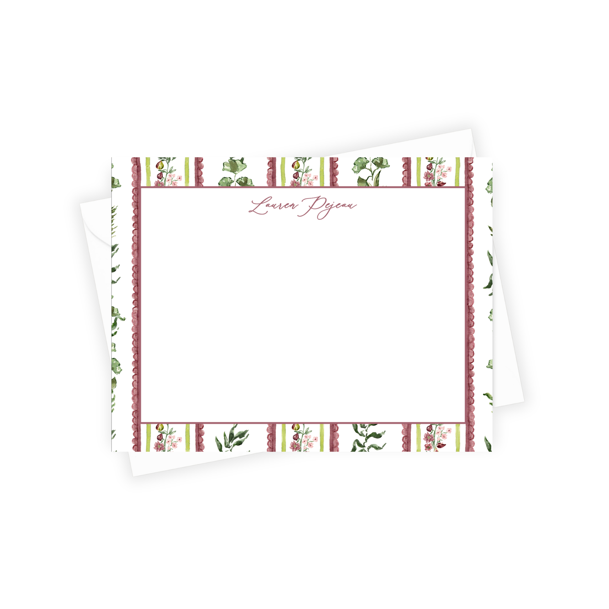 Note card with decorative border and 'Laser Peony' text on a white background