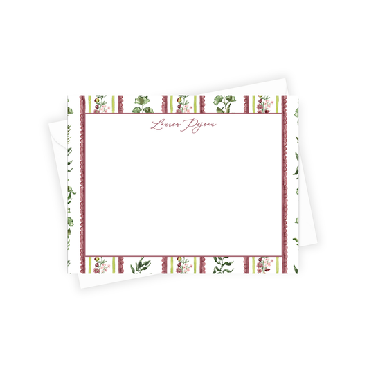 Note card with decorative border and 'Laser Peony' text on a white background