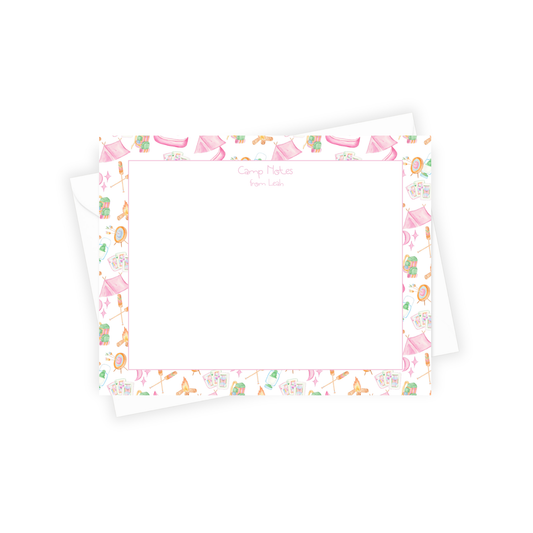 Note card with colorful stationery items design on a white background