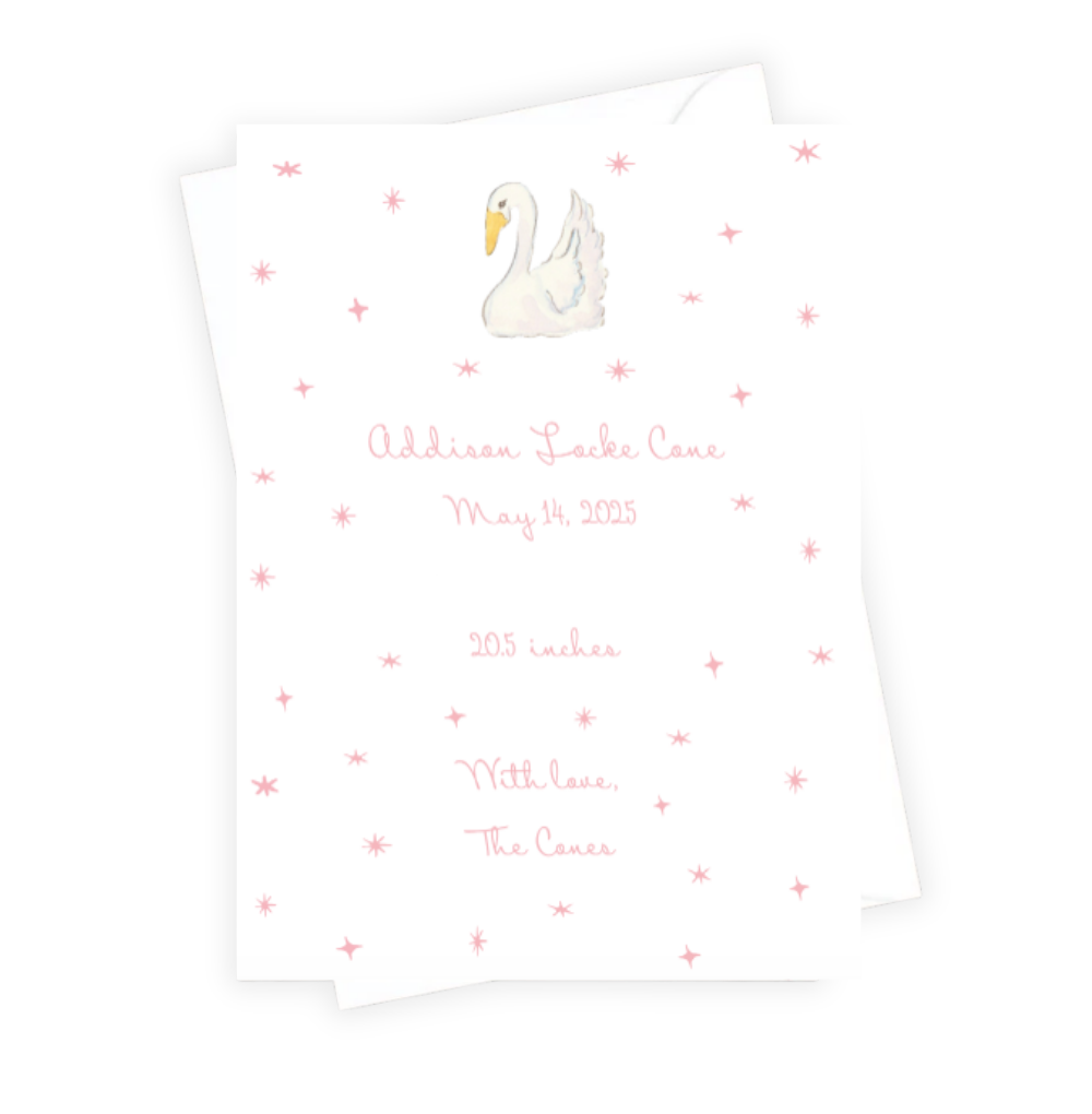 White baby announcment with swan design and text on a white background
