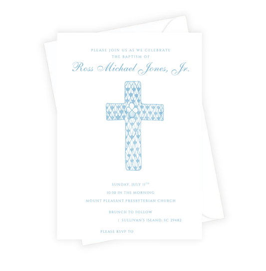 Baptism invitation with blue cross design on a white background