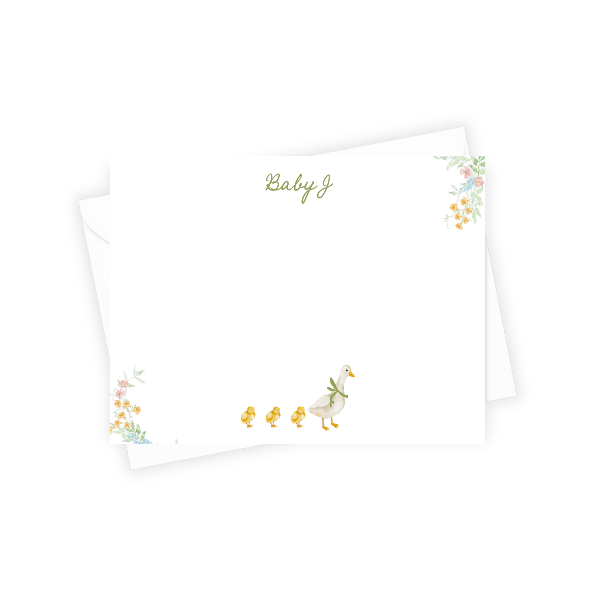 Stationery with duck design and 'Baby J' text on a white background