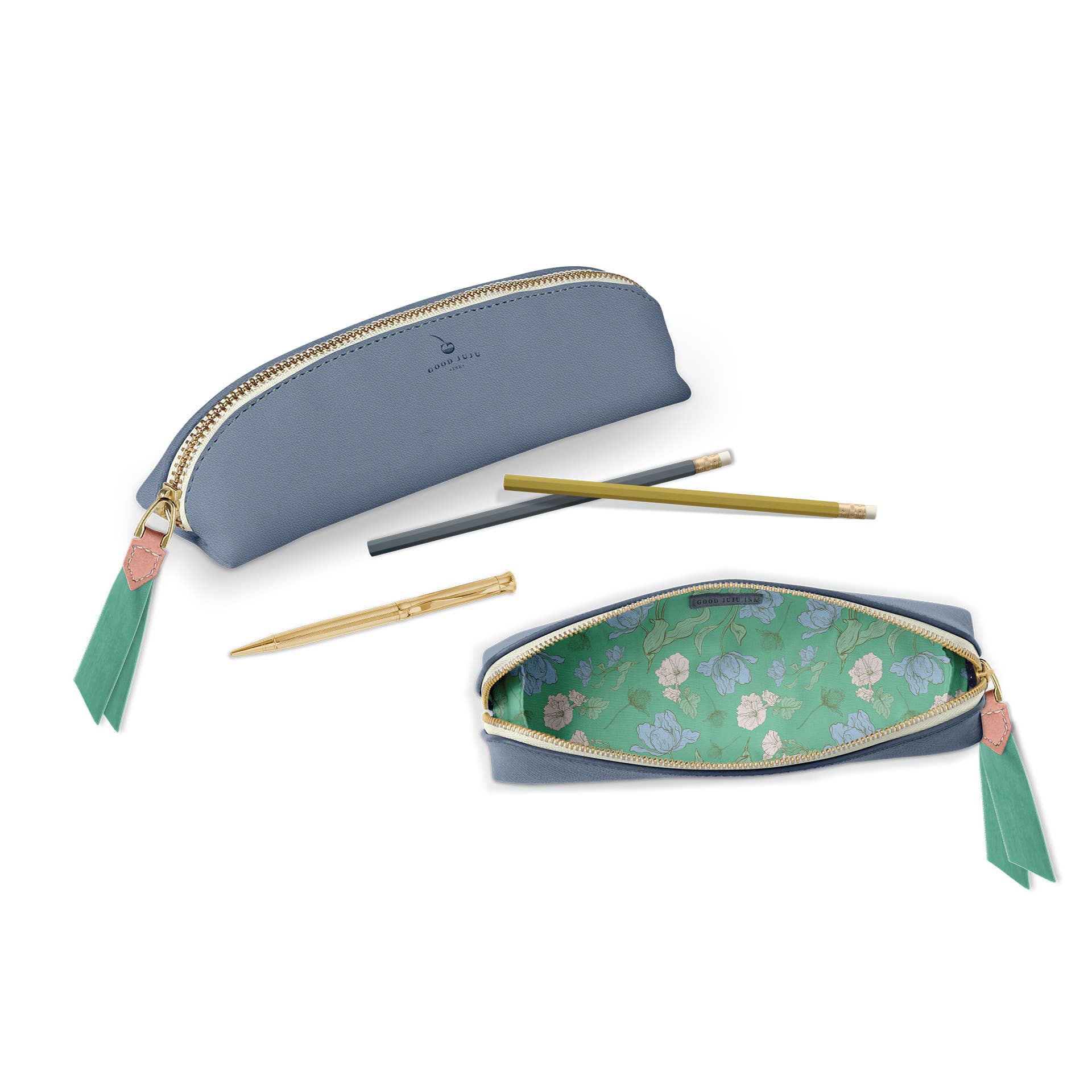 Two makeup pouches, one blue and one with floral pattern, on a white background.