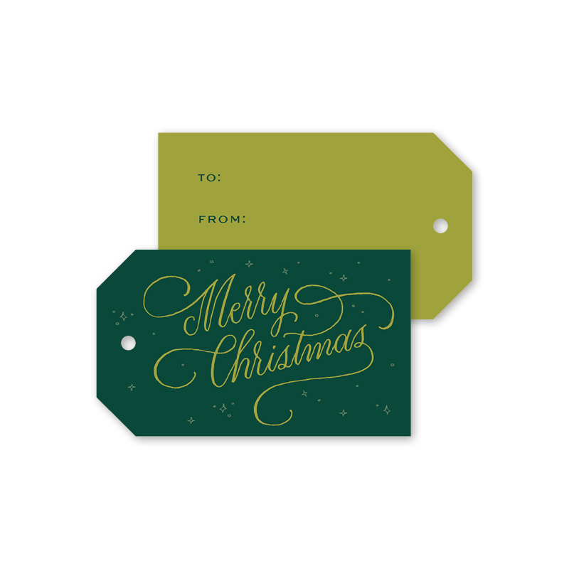 Two Christmas gift tags on a white background, one dark green with gold 'Merry Christmas' script and the other in olive green with 'TO:' and 'FROM:' fields.