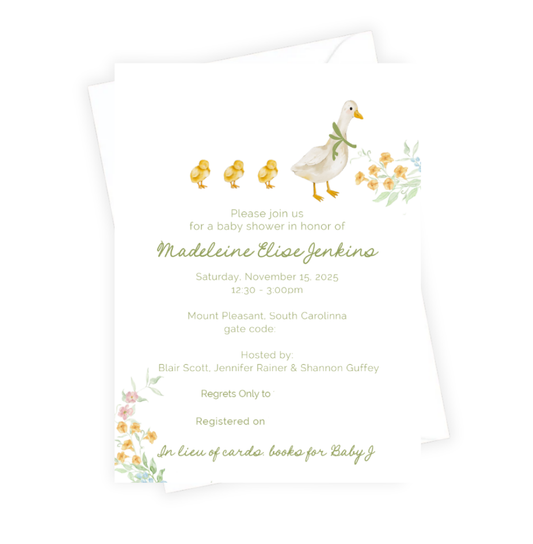 Baby shower invitation with ducks and flowers on a white background