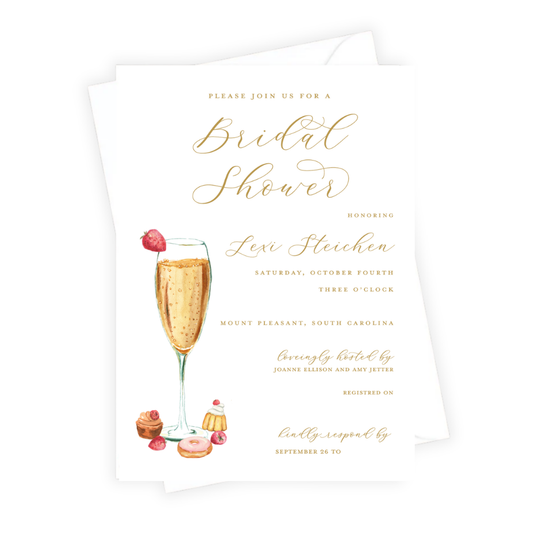 Bridal shower invitation with champagne glass and dessert graphics on a white background