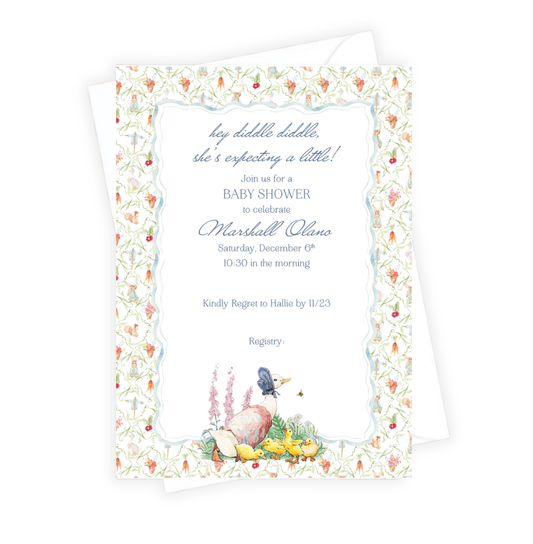 Baby shower invitation with floral border and baby-related illustrations on a white background