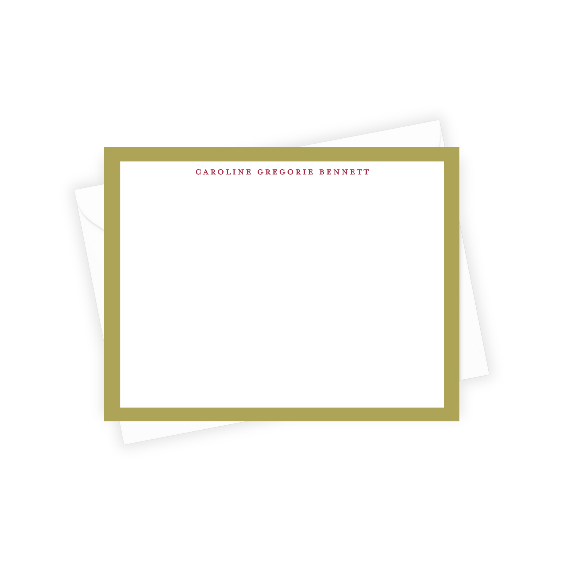 Stationery set with a gold border and personalized name on a white background