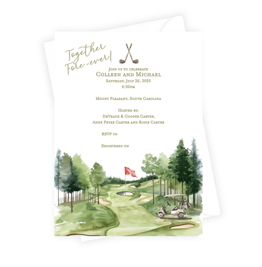 Golf course wedding invitation with trees and flag design