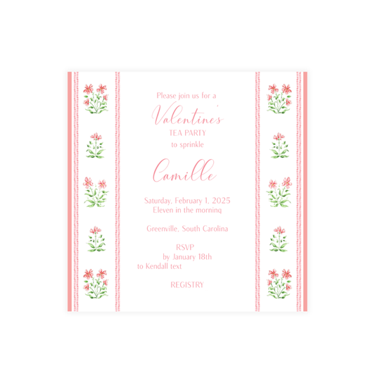 Valentine's Day tea party invitation with floral design on a white background