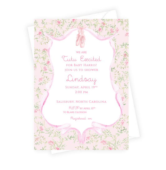 Baby shower invitation with floral design and pink accents on a white background
