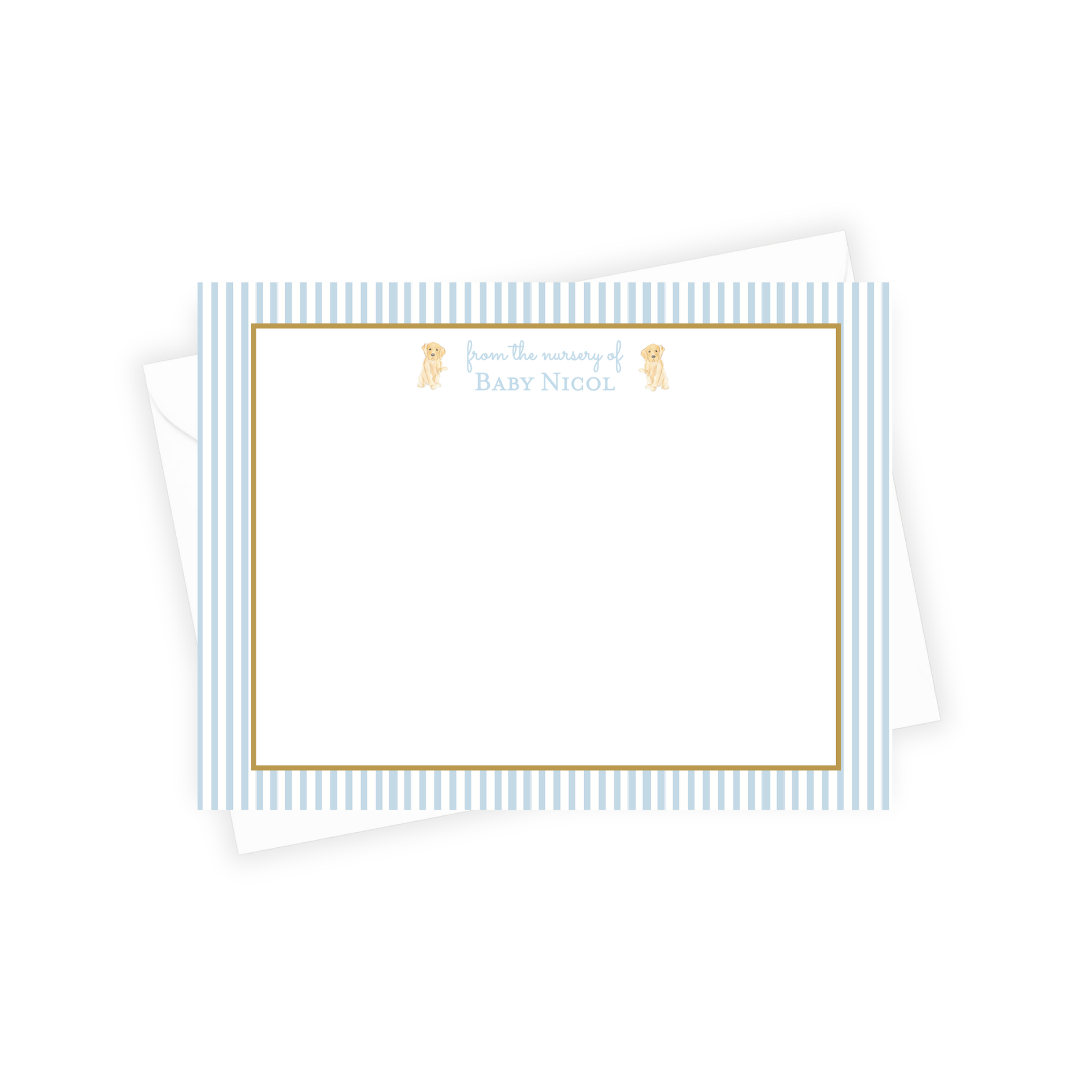 baby blue stripes stationery with dogs next to the name