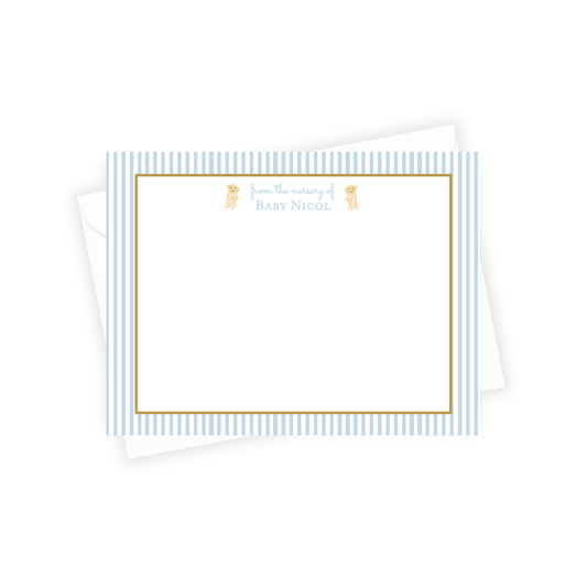 baby blue stripes stationery with dogs next to the name