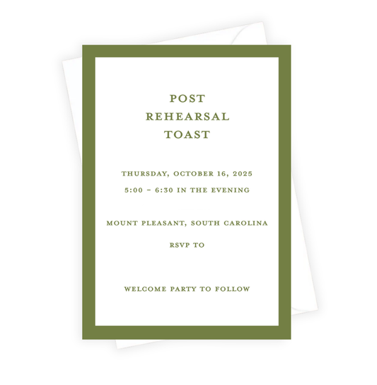 White with Green border rehearsal toast invitation