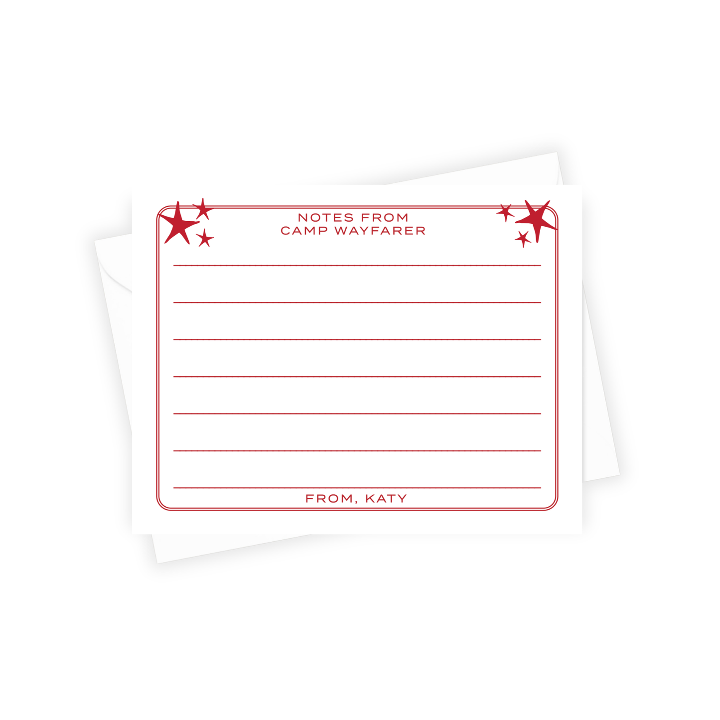stationery with red text and star designs on a white background