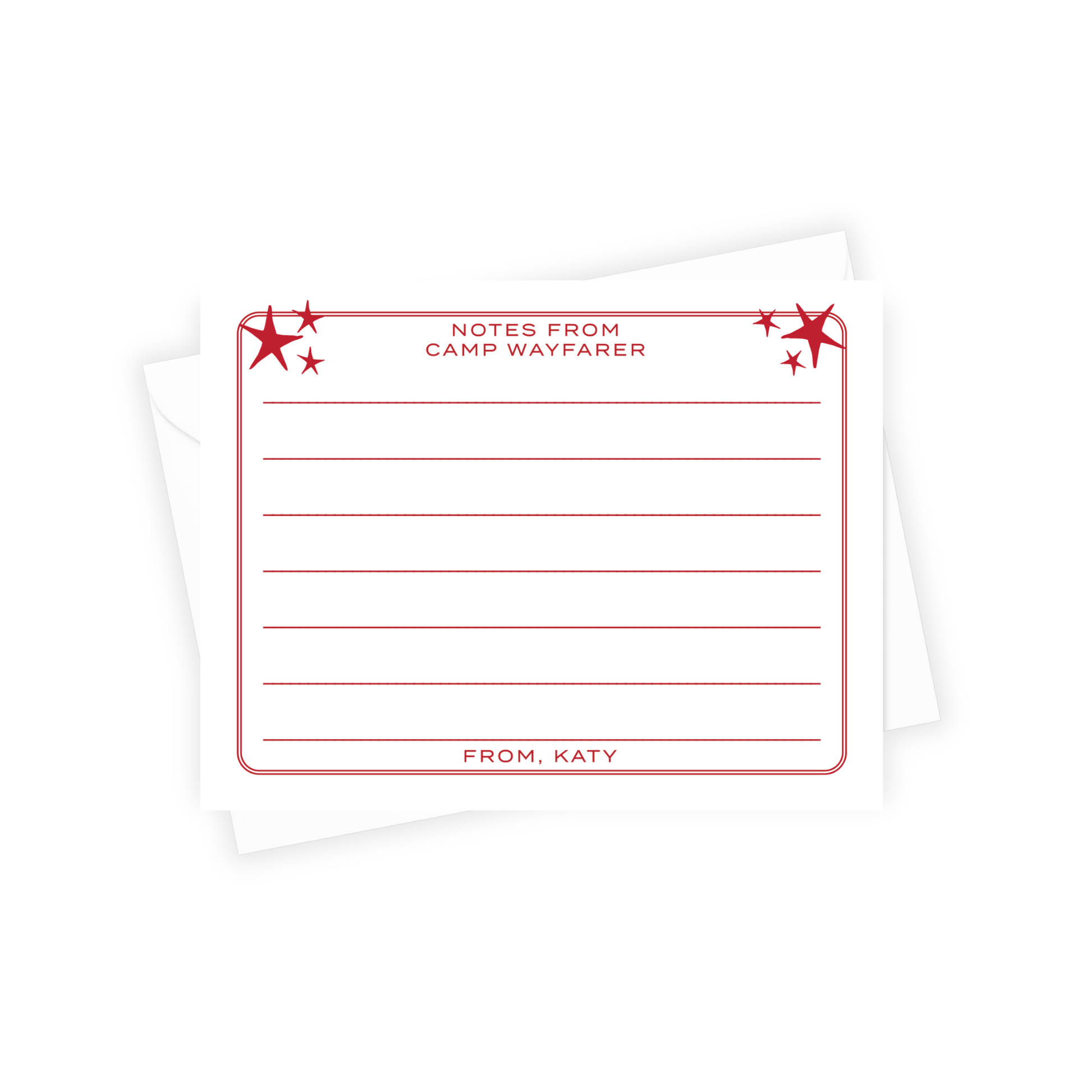 stationery with red text and star designs on a white background