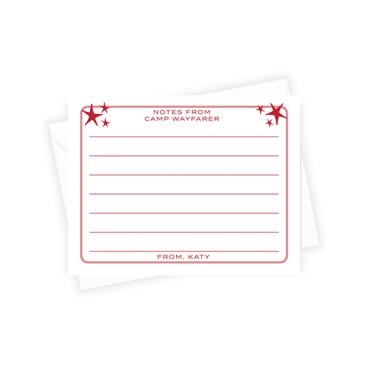 stationery with red text and star designs on a white background