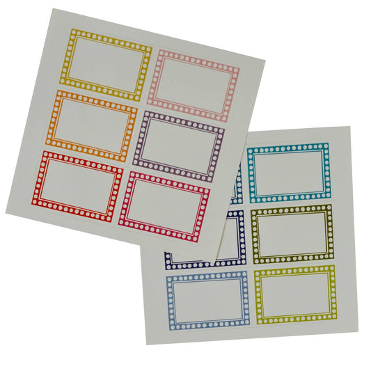 Two sheets of sitckers with colorful border designs on a white background