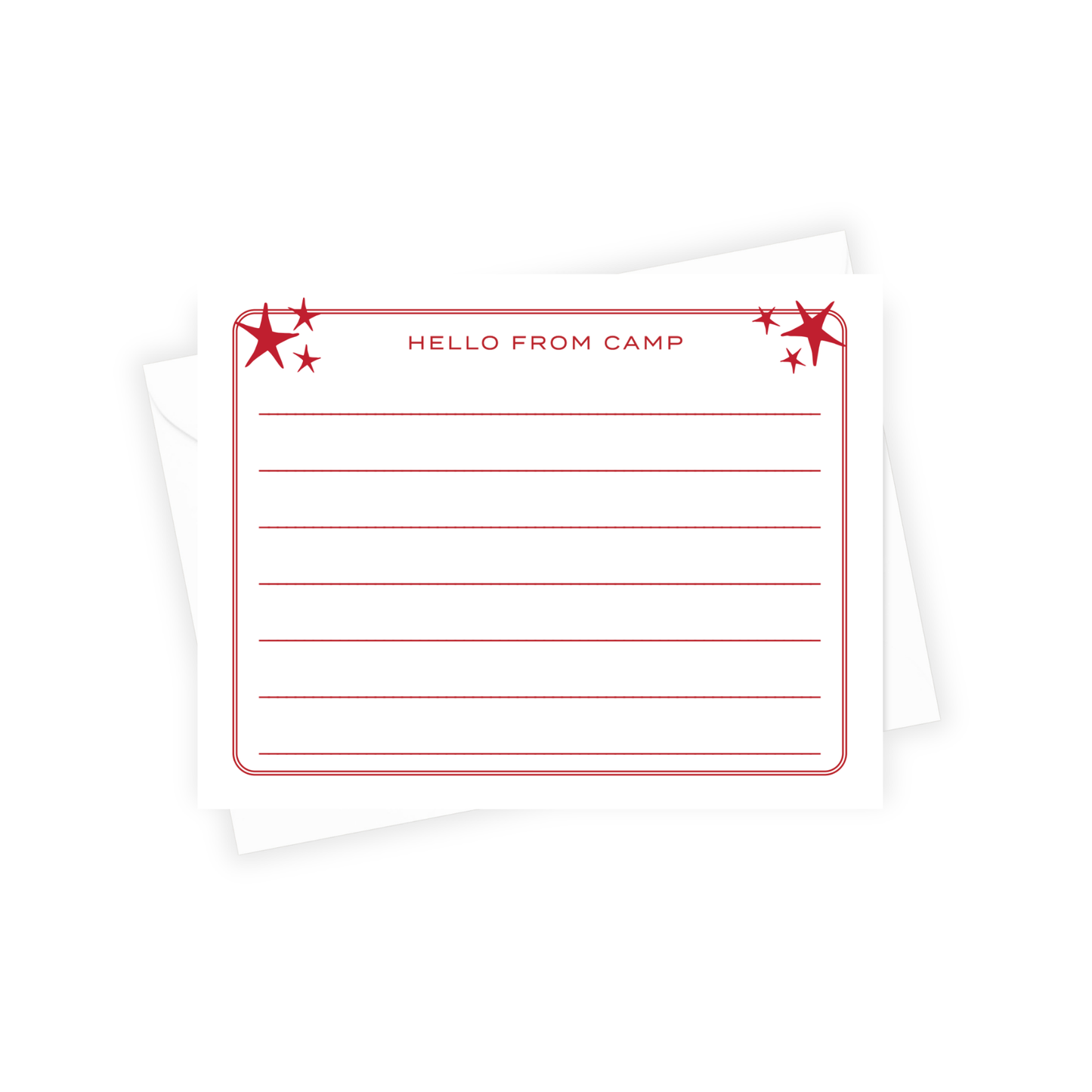stationery with 'Hello from Camp' text and red star designs on a white background