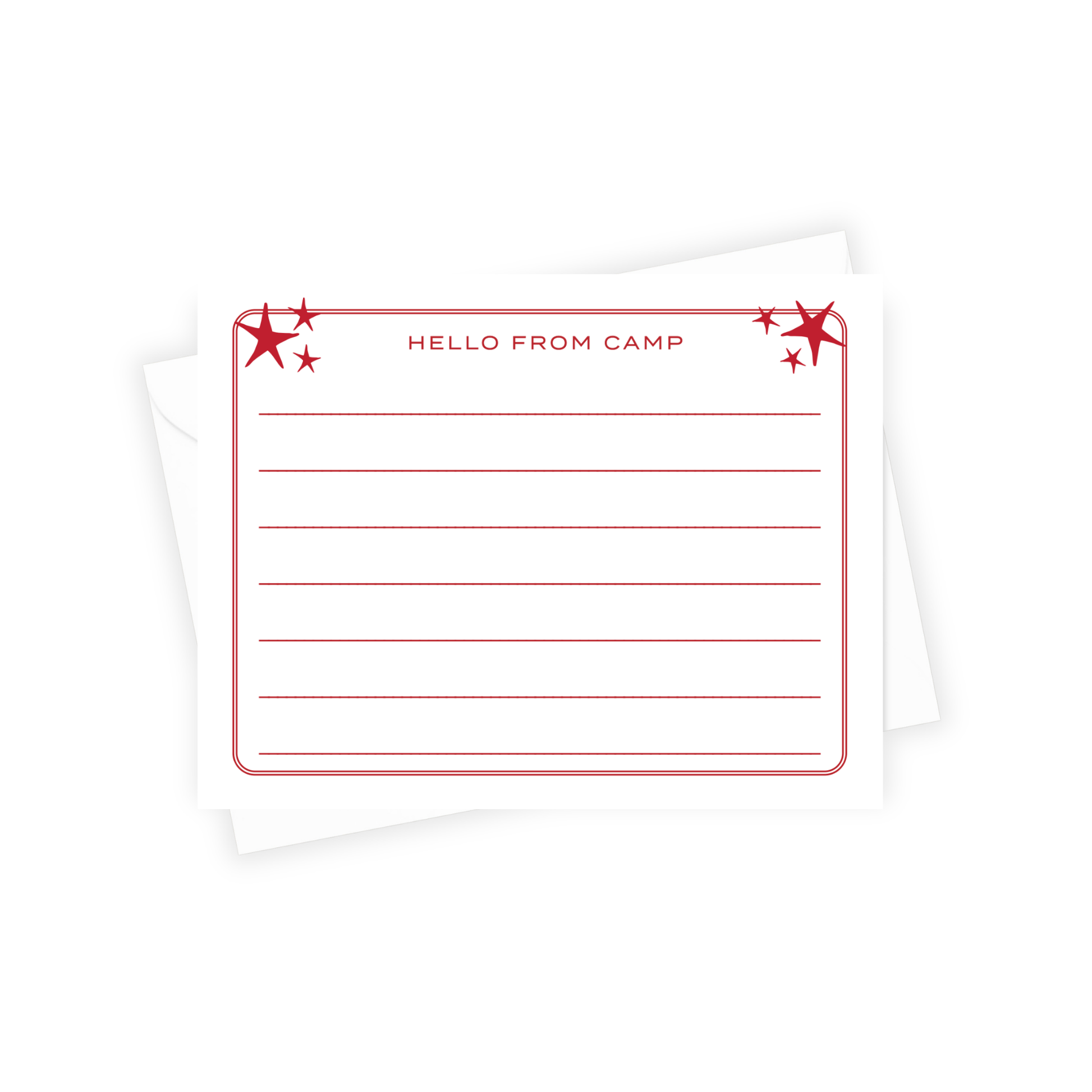 stationery with 'Hello from Camp' text and red star designs on a white background