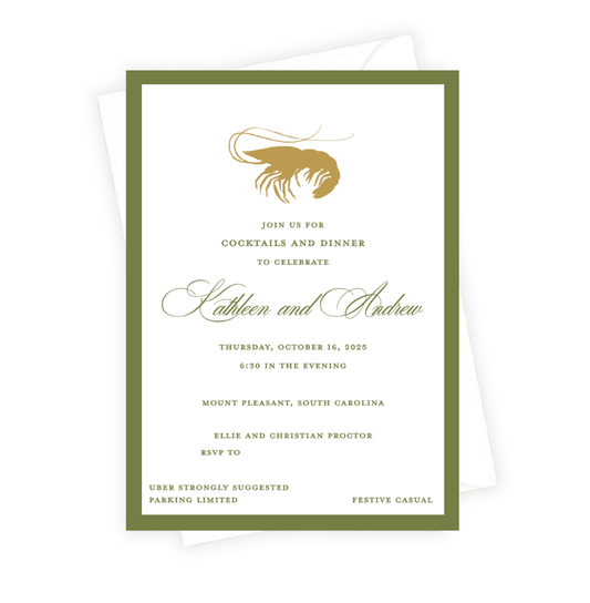 Invitation card with a gold foil shrimp illustration on a white background