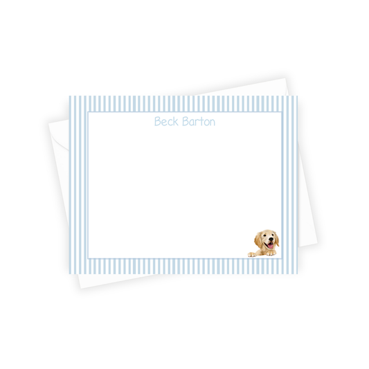 Note card with a dog illustration and striped border on a white background