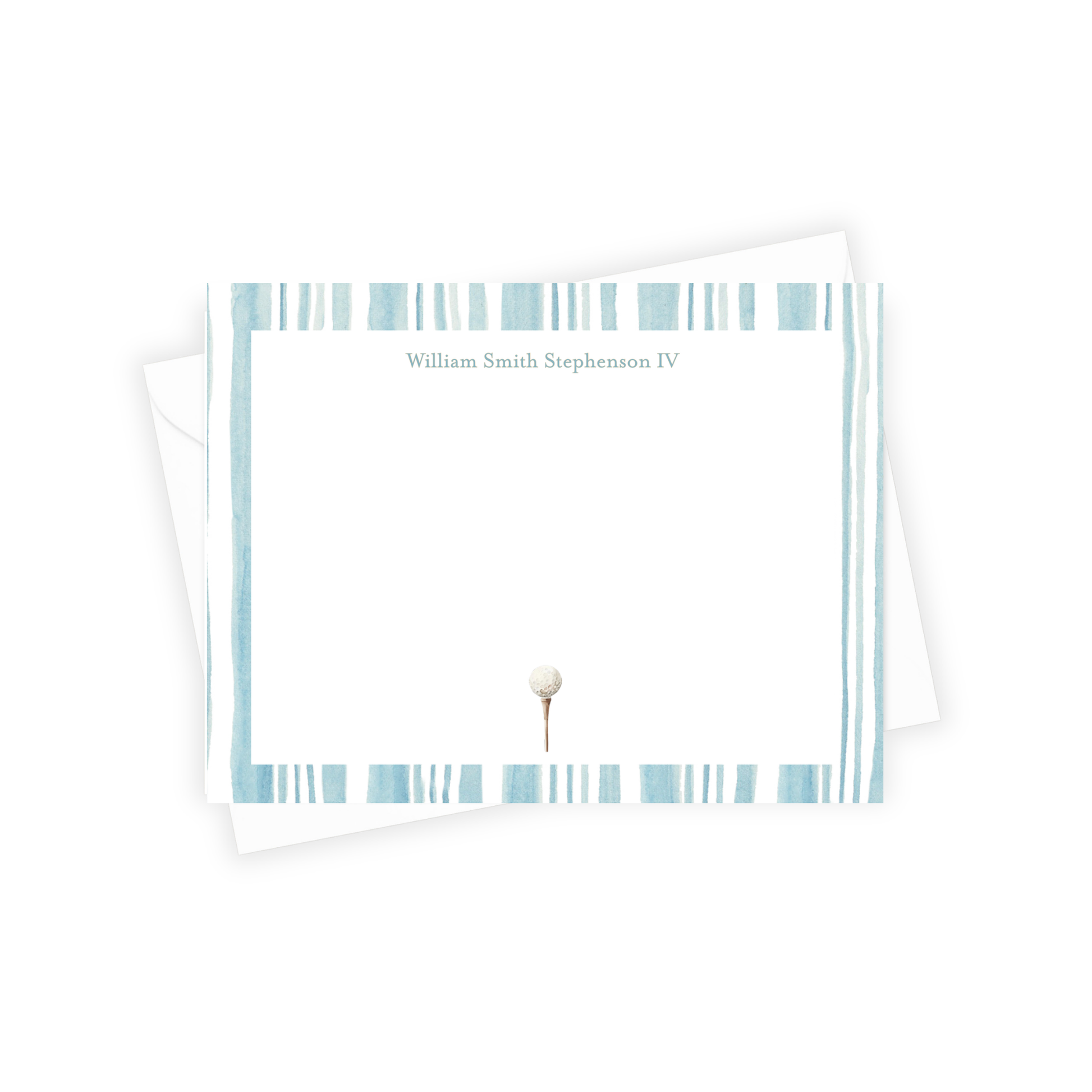Note card with blue striped border and personalized name on a white background