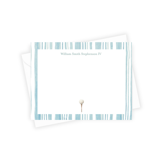 Note card with blue striped border and personalized name on a white background