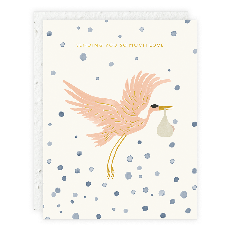 "Sending You So Much Love" text on a card with a bird flying on a white background with blue dots