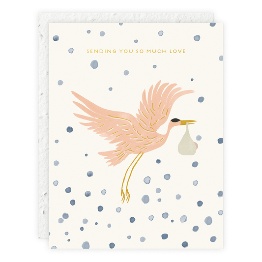 "Sending You So Much Love" text on a card with a bird flying on a white background with blue dots