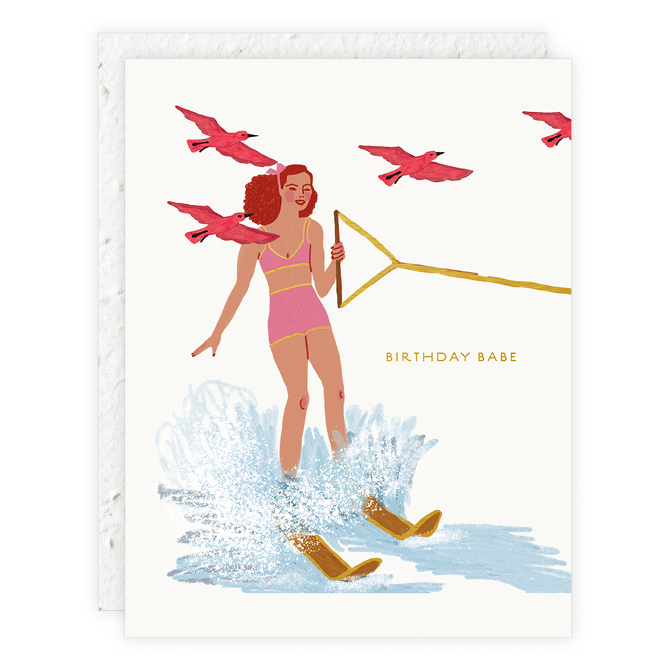 Illustration of a woman in a pink swimsuit standing on a surfboard with birds flying above, on a white background.