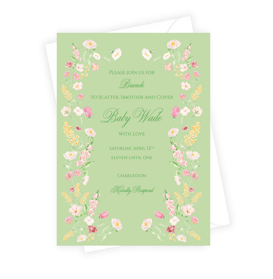 Floral baby shower invitation on a green background