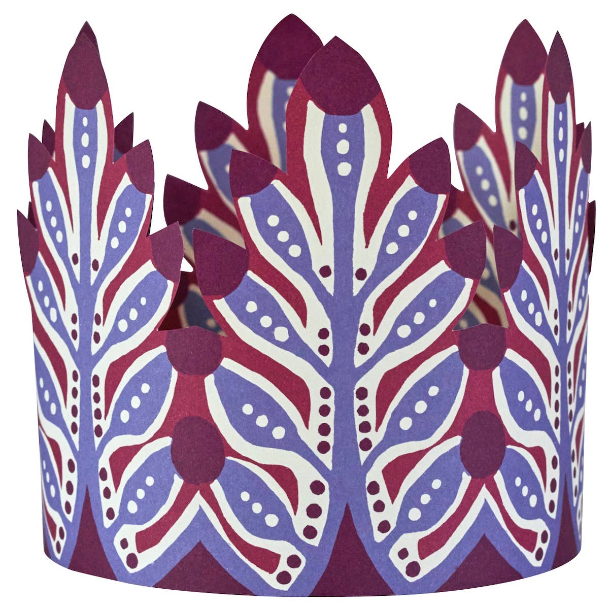Decorative paper crown with purple and red floral pattern on a white background