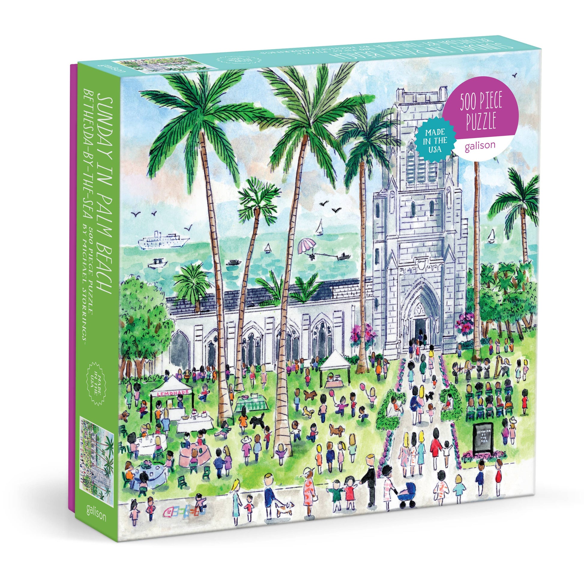 Jigsaw puzzle box with a tropical scene featuring a church and palm trees.