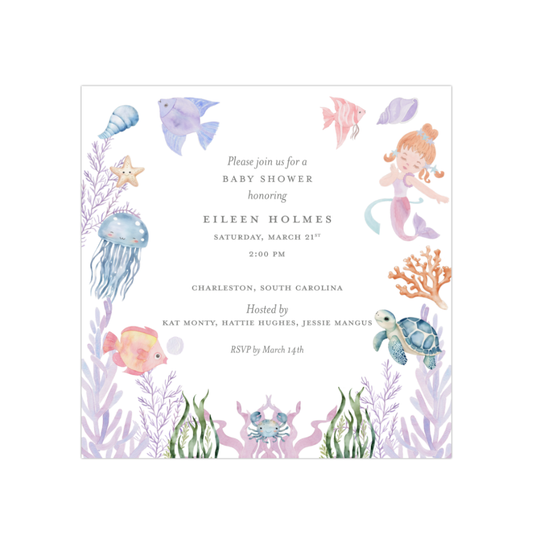 Underwater-themed baby shower invitation with mermaid, fish, and sea creatures on a white background.