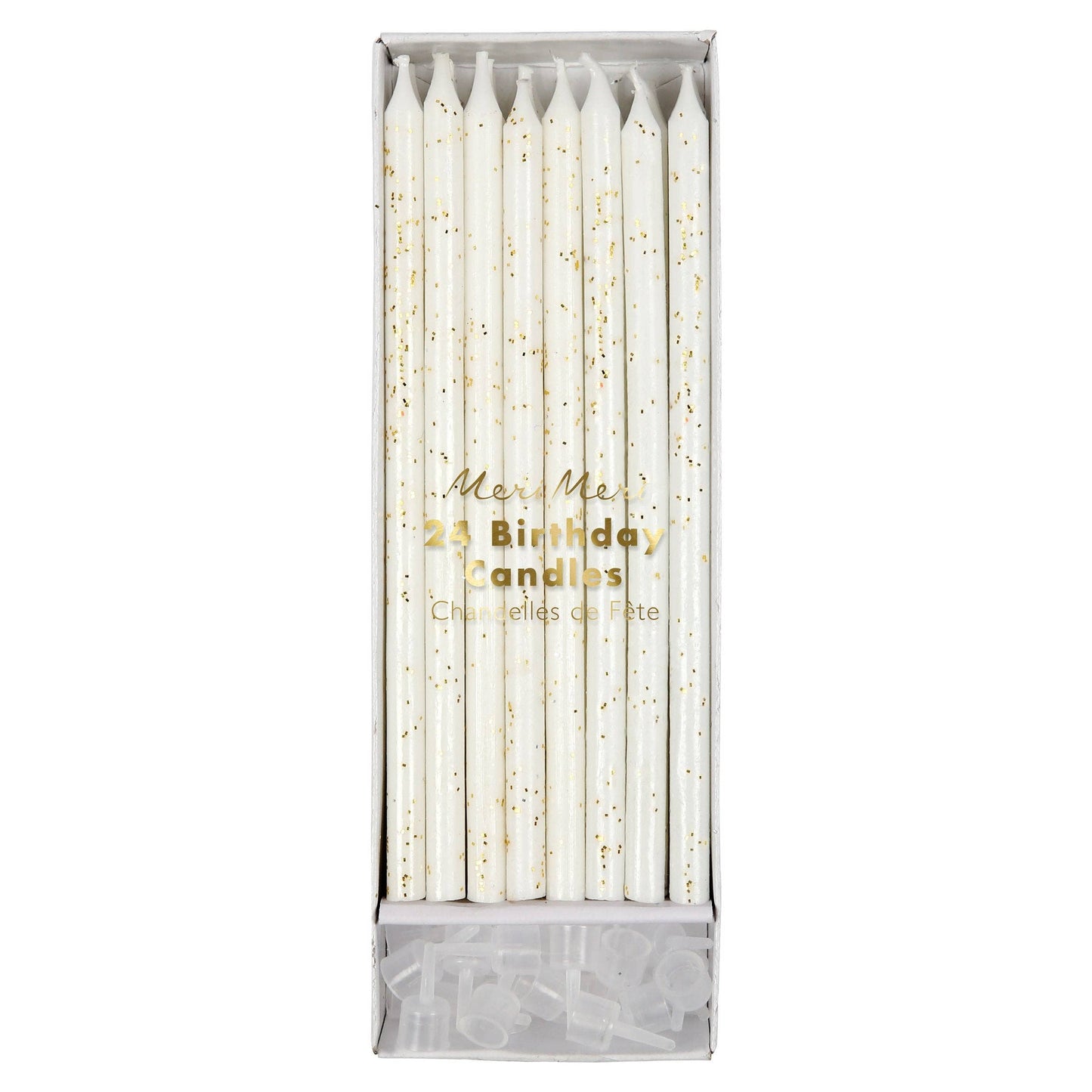 Box of white birthday candles with gold text on a white background