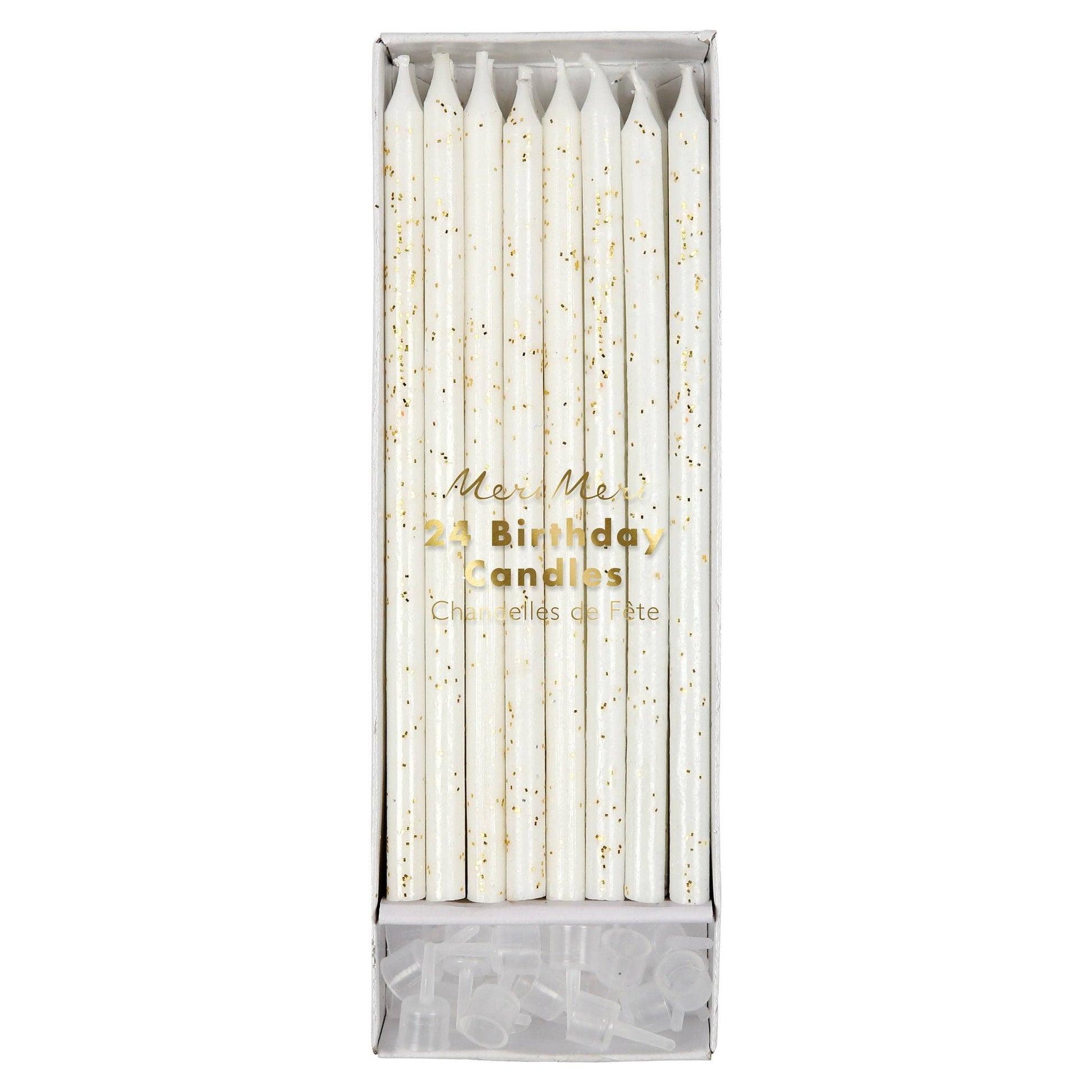 Box of white birthday candles with gold text on a white background