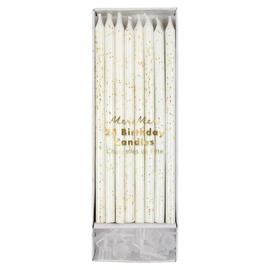 Box of white birthday candles with gold text on a white background