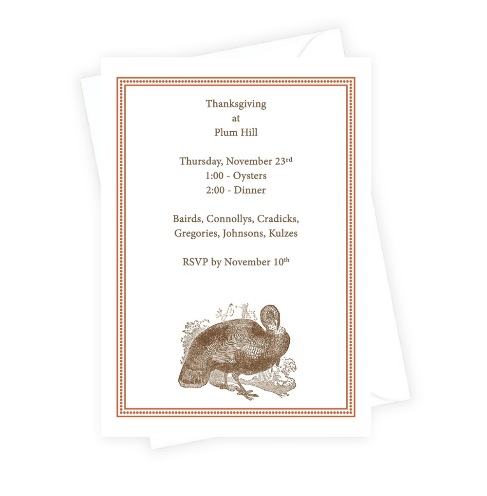 Thanksgiving invitation with turkey illustration and event details on a white background