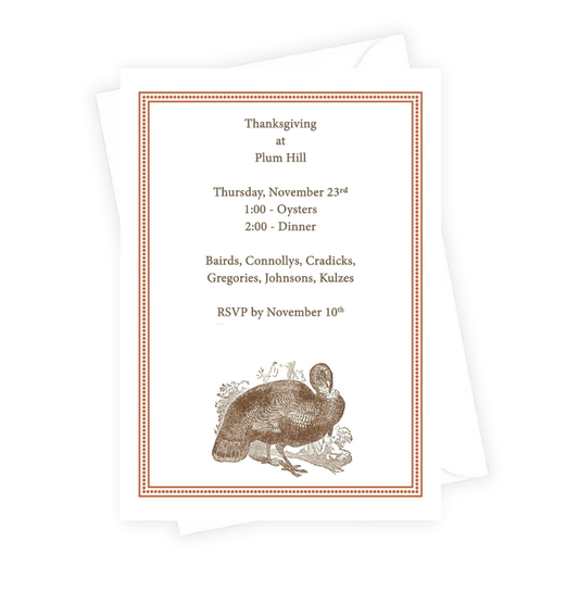Thanksgiving invitation with turkey illustration and event details on a white background