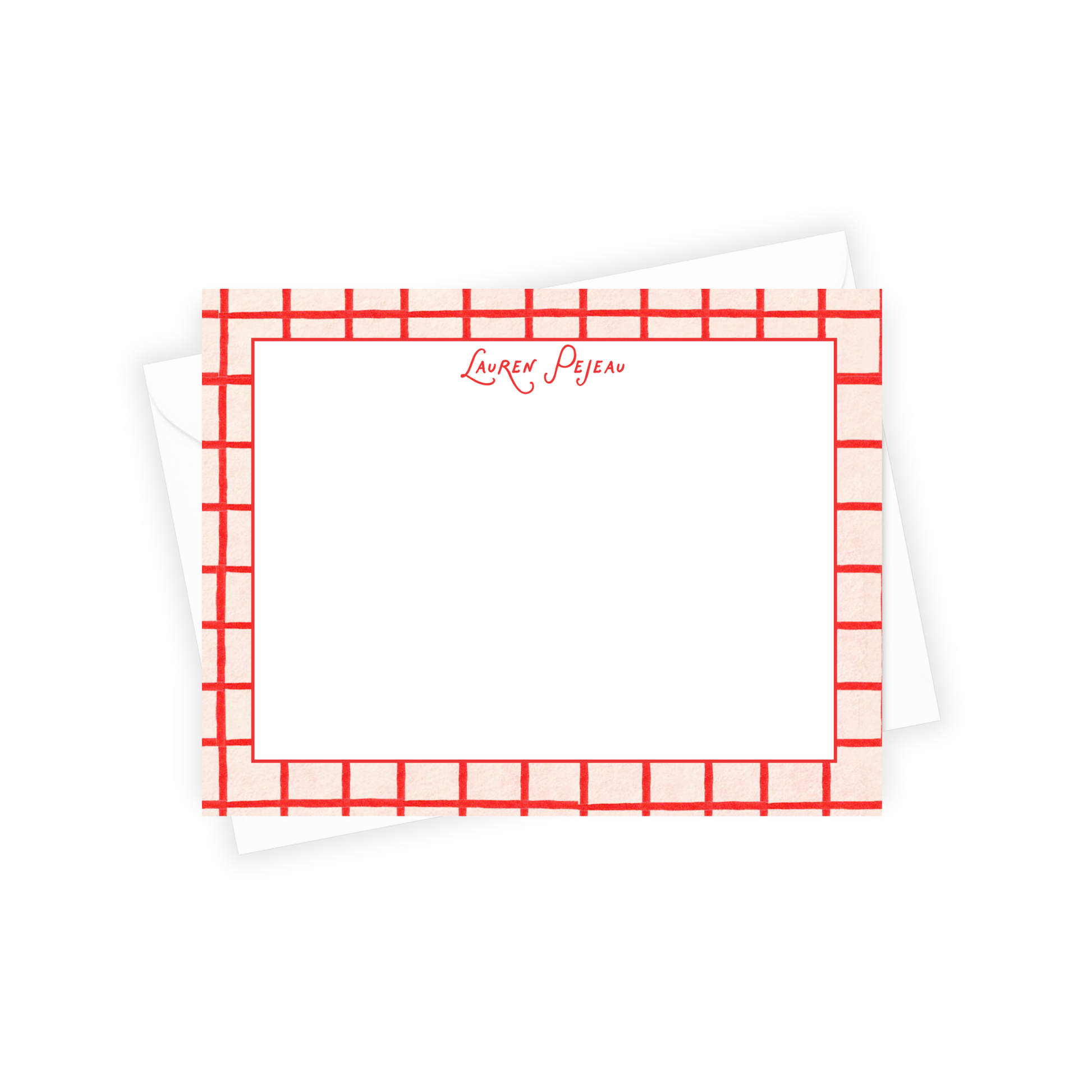 Note card with red grid border and 'Lauren Pejeau' branding on a white background