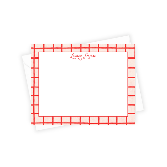 Note card with red grid border and 'Lauren Pejeau' branding on a white background